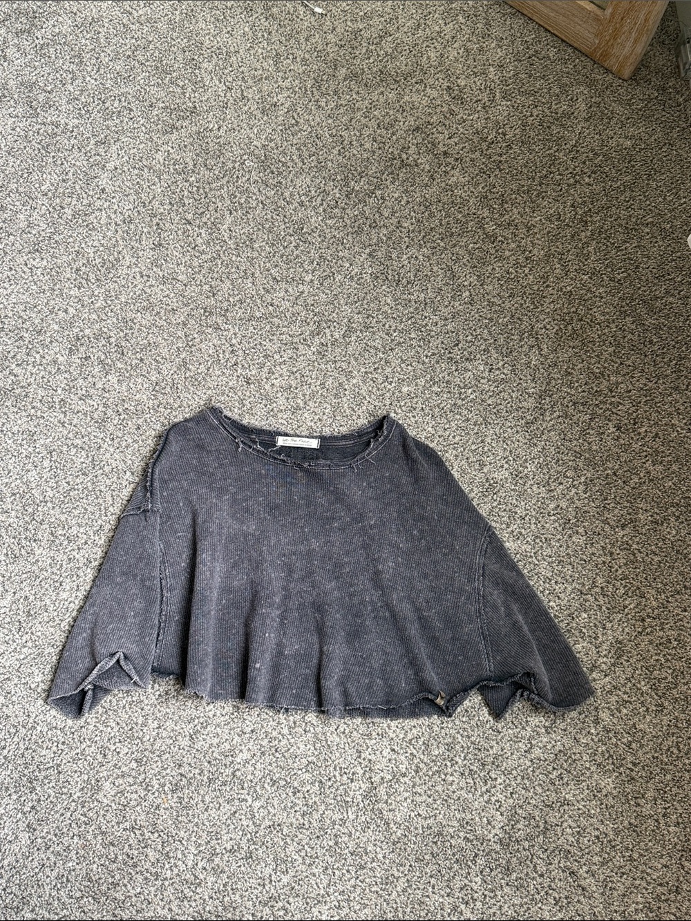 Free People Washed Black Cropped Crewneck Sweater